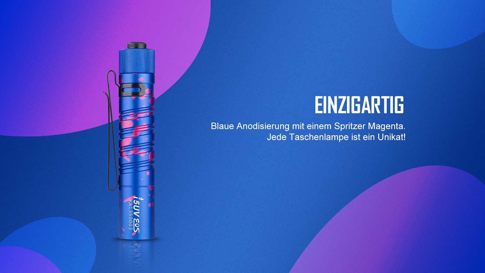 >Blaues Gehäuse mit Magentaspritzern und Doppelhelixfräsung für ein besonderes Aussehen und guten Halt. >Blaues Gehäuse mit Magentaspritzern und Doppelhelixfräsung für ein besonderes Aussehen und guten Halt.